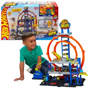 Hot Wheels City Maxi garáž se smyčkami, autem a vrtulníkem
